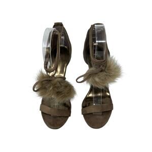 Breckelle's brown faux suede pom pom lace up heel sandals size 6.5